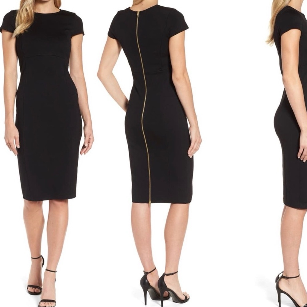 Small Seamed Black Pencil Dress Petite Cap Sleeve Stretch Bodycon Day to Night